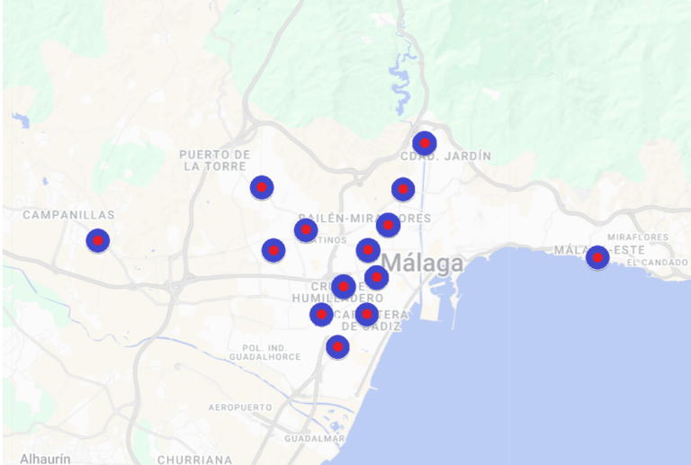 mapa ubicacion de los mercadillos existentes en Málaga
